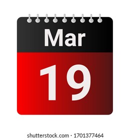 Flat icon calendar 19th of March solated on gray background. Vector illustration.
