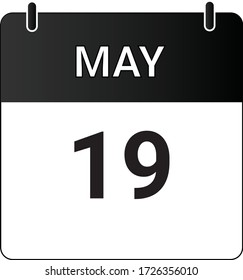 El calendario de iconos planos del 19 de mayo se indica con blanco y negro. Ilustración vectorial.