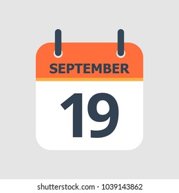 Flat icon calendar 19th of September isolated on gray background. Vector illustration.