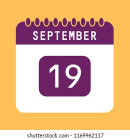 Flat icon calendar 19th of September isolated on orange background. Vector illustration. 