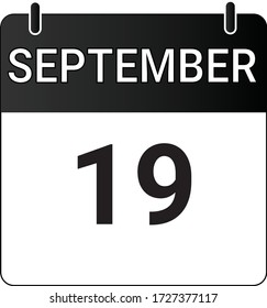 Flat icon calendar 19th of September indicated with white & black. Vector illustration.