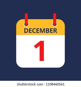 Flat icon calendar 1st of December isolated on blue background. Vector illustration.