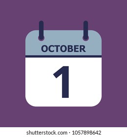 Flat icon calendar 1st of October isolated on purple background. Vector illustration.