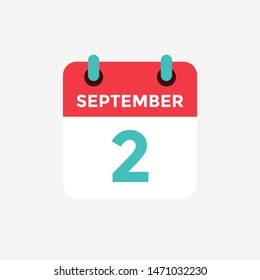 Flat icon calendar, 2 September. Date, day and month. Vector illustration.