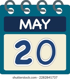 Flaches Icon Kalender 20 vom Mai. Datum, Tag und Monat. Vektorgrafik . Blaugrün-Farbbanner. 20. Mai. Mai.
