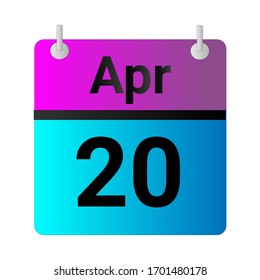 Flat icon calendar 20th of April solated on gray background. Vector illustration.