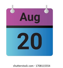 Flaches Icon Kalender 20. August Angezeigt mit violett, blau und schwarz. Vektorillustration.