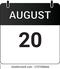 Flat icon calendar 20th of August indicated with white & black. Vector illustration.