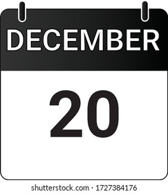 Flat icon calendar 20th of December indicated with white & black. Vector illustration.