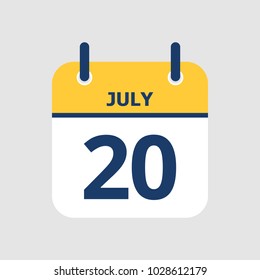 Flat icon calendar 20th of July isolated on gray background. Vector illustration.