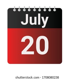 Flat icon calendar 20th of July indicated with red & black. Vector illustration.