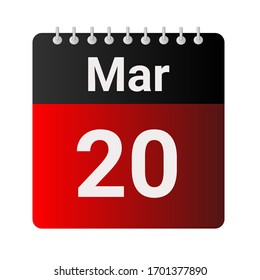 Flat icon calendar 20th of March solated on gray background. Vector illustration.