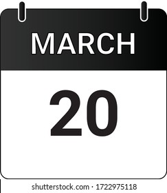 Icono plano 20 de marzo indicado con blanco y negro. Ilustración vectorial.