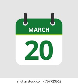 Flat icon calendar 20th of March isolated on gray background. Vector illustration.