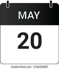 Calendario de icono plano el 20 de mayo indicado con blanco y negro. Ilustración vectorial.