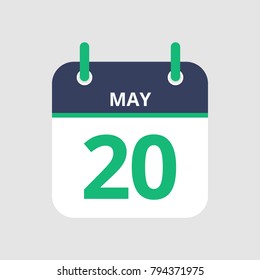 Flat icon calendar 20th of May isolated on gray background. Vector illustration.