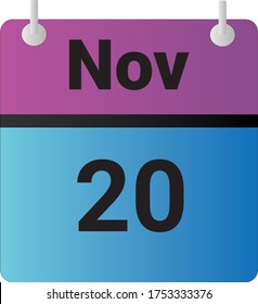 Calendario de icono plano el 20 de noviembre indicado con morado, azul y negro. Ilustración vectorial.
