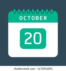 Flat icon calendar 20th of October isolated on blue background. Vector illustration.