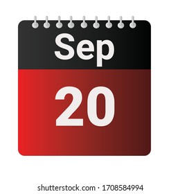 Flat icon calendar 20th of September indicated with red & black. Vector illustration.