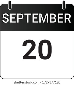 Flat icon calendar 20th of September indicated with white & black. Vector illustration.