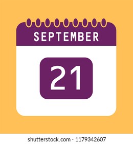 Flat icon calendar 21st of September isolated on orange background. Vector illustration.