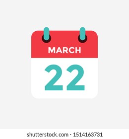 Flat icon calendar 22 of March. Date, day and month. Vector illustration.