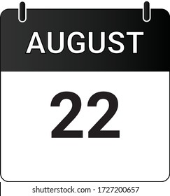 Flat icon calendar 22nd of August indicated with white & black. Vector illustration.