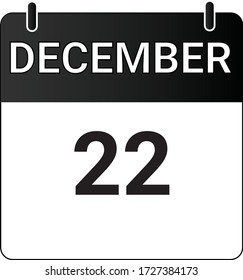 Flat icon calendar 22nd of December indicated with white & black. Vector illustration.