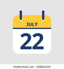 Flat icon calendar 22nd of July isolated on gray background. Vector illustration.