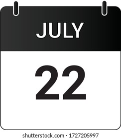 Calendario de icono plano 22 de julio indicado con blanco y negro. Ilustración vectorial.