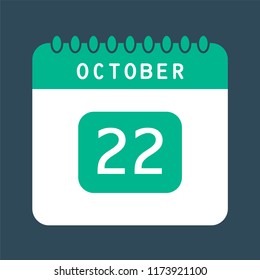 Flat icon calendar 22nd of October isolated on blue background. Vector illustration.
