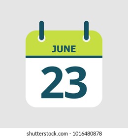 Flat icon calendar 23rd of June isolated on gray background. Vector illustration.