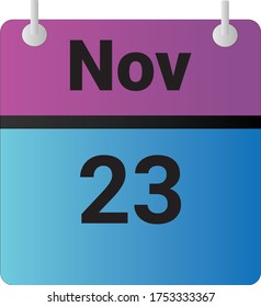 Flat icon calendar 23rd of November indicated with purple,blue & black. Vector illustration.