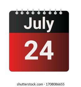 Flat icon calendar 24th of July indicated with red & black. Vector illustration.