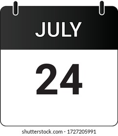 Calendario de icono plano el 24 de julio indicado con blanco y negro. Ilustración vectorial.