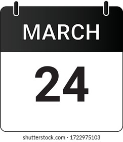 Flat icon calendar 24th of March indicated with white & black. Vector illustration.