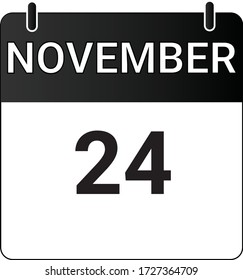 Flat icon calendar 24th of November indicated with white & black. Vector illustration.