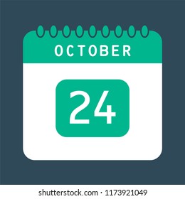 Flat icon calendar 24th of October isolated on blue background. Vector illustration.