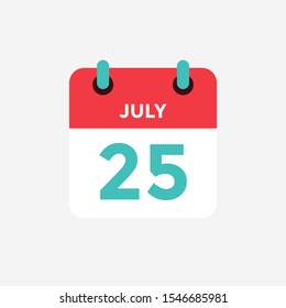 Flat icon calendar 25 of July. Date, day and month. Vector illustration.