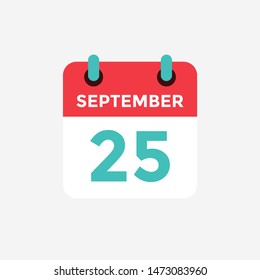 Flat icon calendar, 25 September. Date, day and month. Vector illustration.
