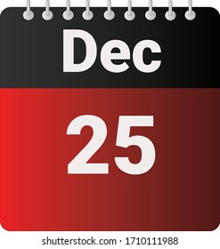 Flat icon calendar 25th of December indicated with red & black. Vector illustration.