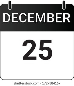 Flat icon calendar 25th of December indicated with white & black. Vector illustration.