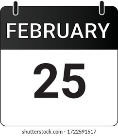 Flat icon calendar 25th of February indicated with white & black. Vector illustration.