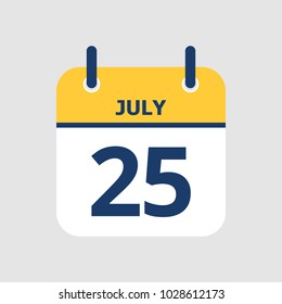 Flat icon calendar 25th of July isolated on gray background. Vector illustration.