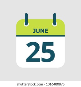 Flat icon calendar 25th of June isolated on gray background. Vector illustration.