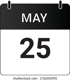 Flat icon calendar 25th of May indicated with white & black. Vector illustration.