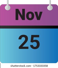 Calendario de icono plano el 25 de noviembre indicado con morado, azul y negro. Ilustración vectorial.