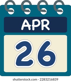 Flat icon calendar 26 of Apr. Date, day and month. Vector illustration . Blue teal green color banner. 26 Apr. 26th of Apr.