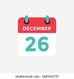 Flat icon calendar 26 December. Date, day and month. Vector illustration.