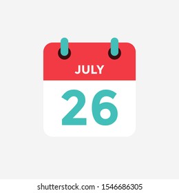 Flat icon calendar 26 of July. Date, day and month. Vector illustration.